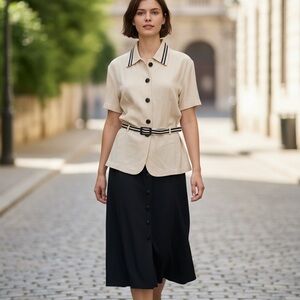 Jeffrey & Dada Vintage Elegant Blue Midi Skirt & Blouse Set